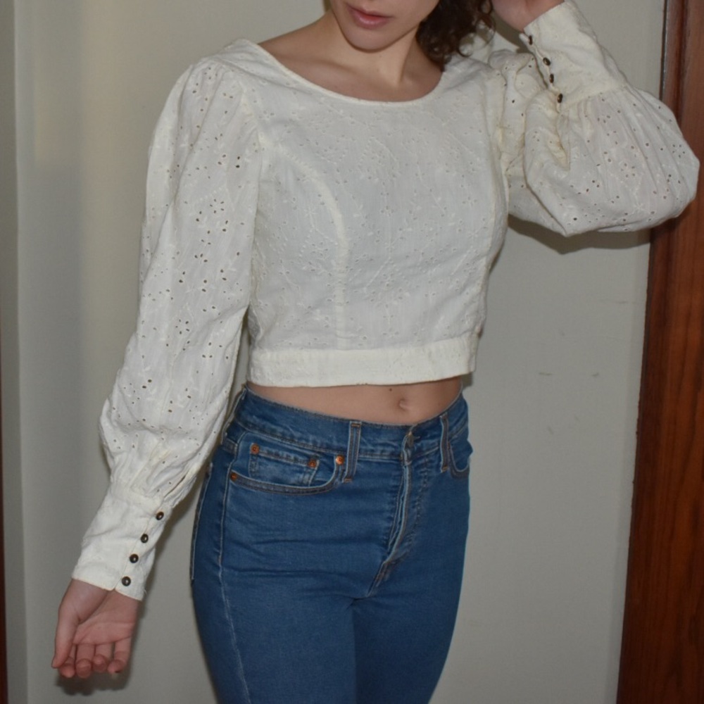 Free People White Eyelet Puff Sleeve Top